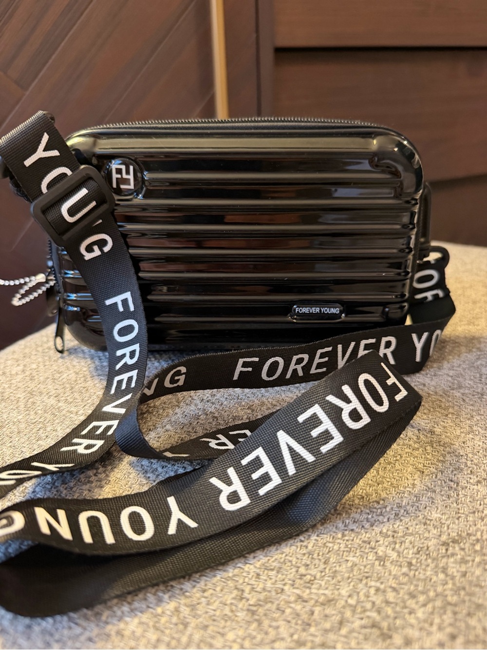 Forever Young Black Gloss Ribbed Mini Crossbody with Branded Strap